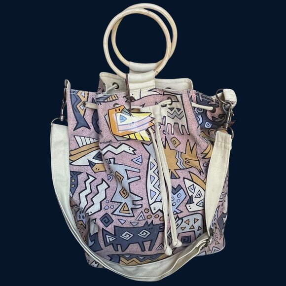 Laurel Burch Canvas Shoulder Tote BUcket Bag Purse Tribal Animal Bamboo Handle - Picture 5 of 9